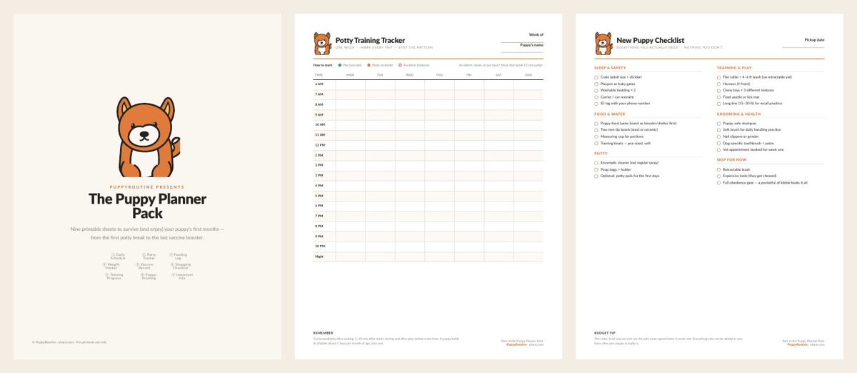 Preview of the Puppy Planner Pack: cover, potty training tracker and training progress sheets